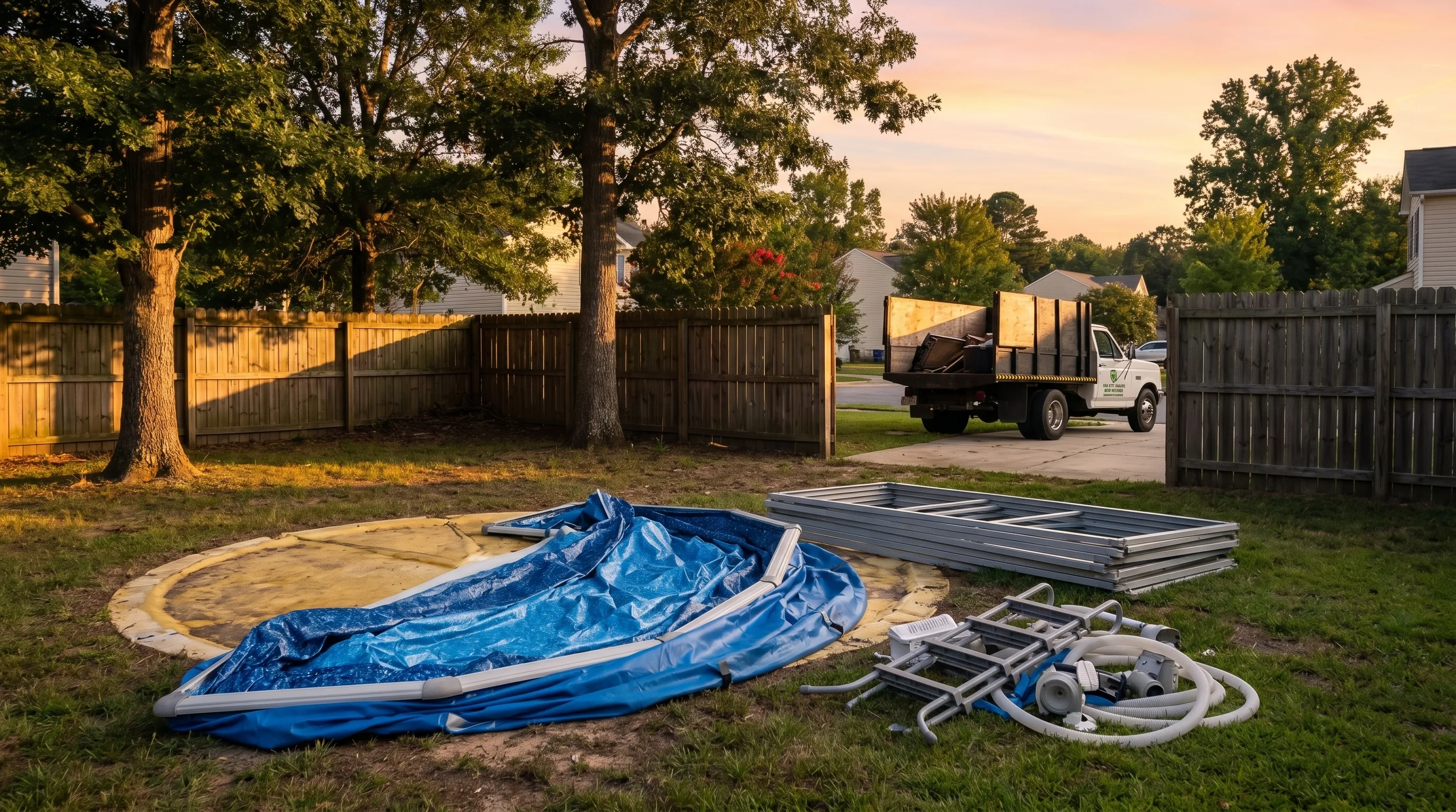 Above-ground pool being dismantled and hauled away by Oak City Hauling