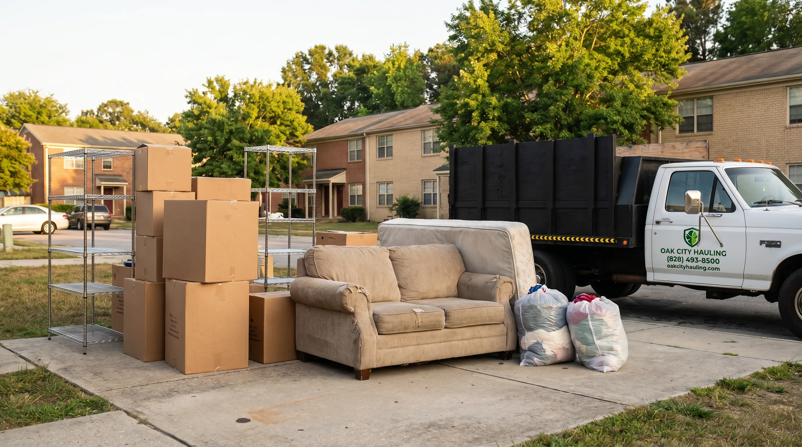 Apartment move-out belongings staged on the sidewalk outside a Raleigh apartment complex