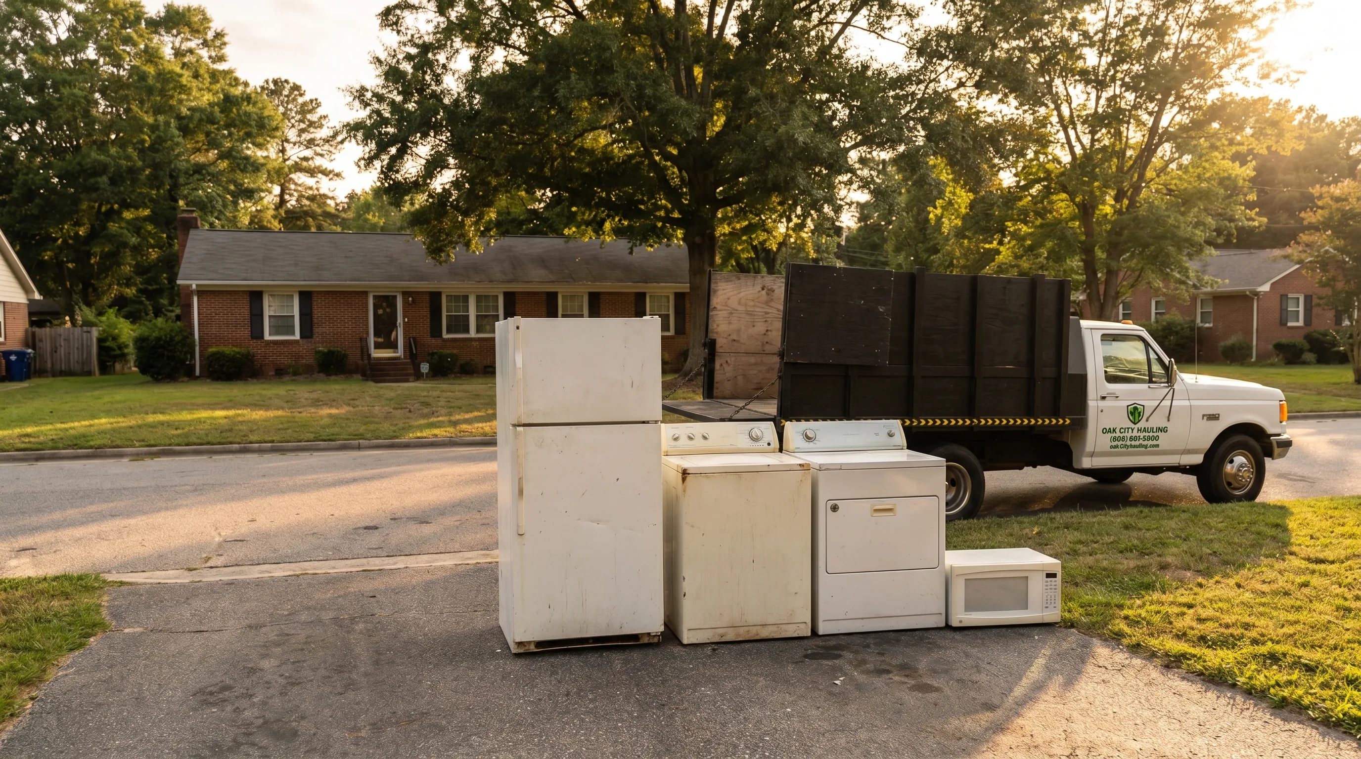 Old appliances lined up at the curb for haul-away by Oak City Hauling