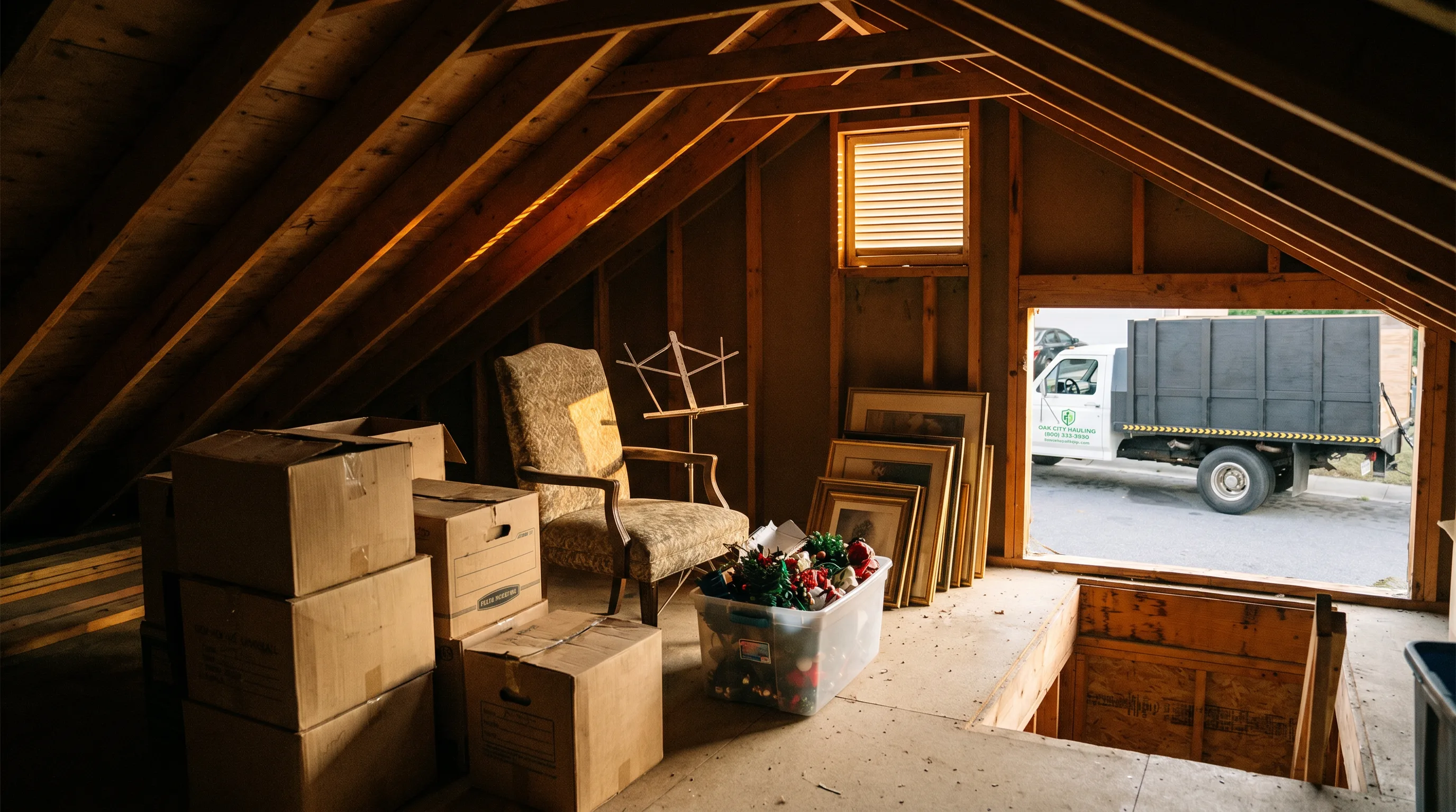 Suburban attic crawlspace mid-cleanout with faded boxes and old household items