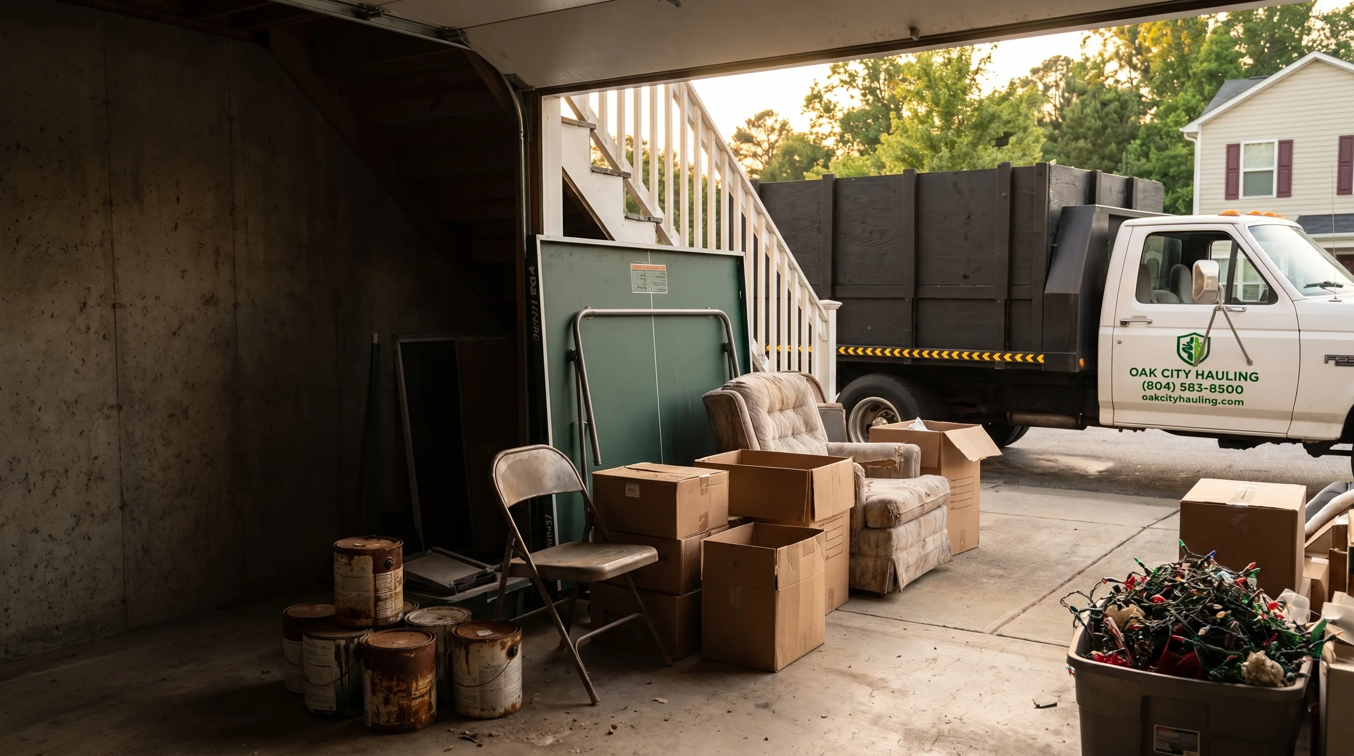 Suburban basement mid-cleanout with old furniture, boxes, and gear staged near the door