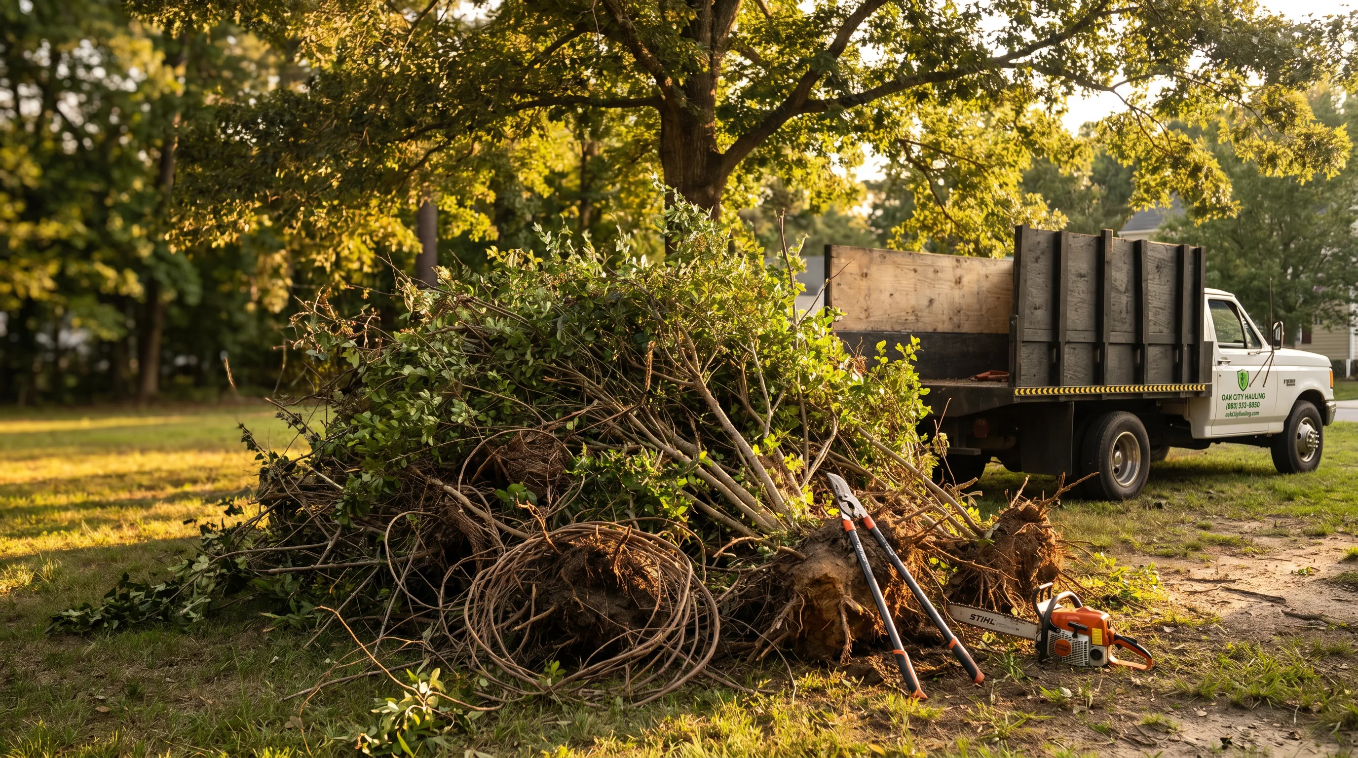 Overgrown brush pile cleared from a suburban backyard for haul-away