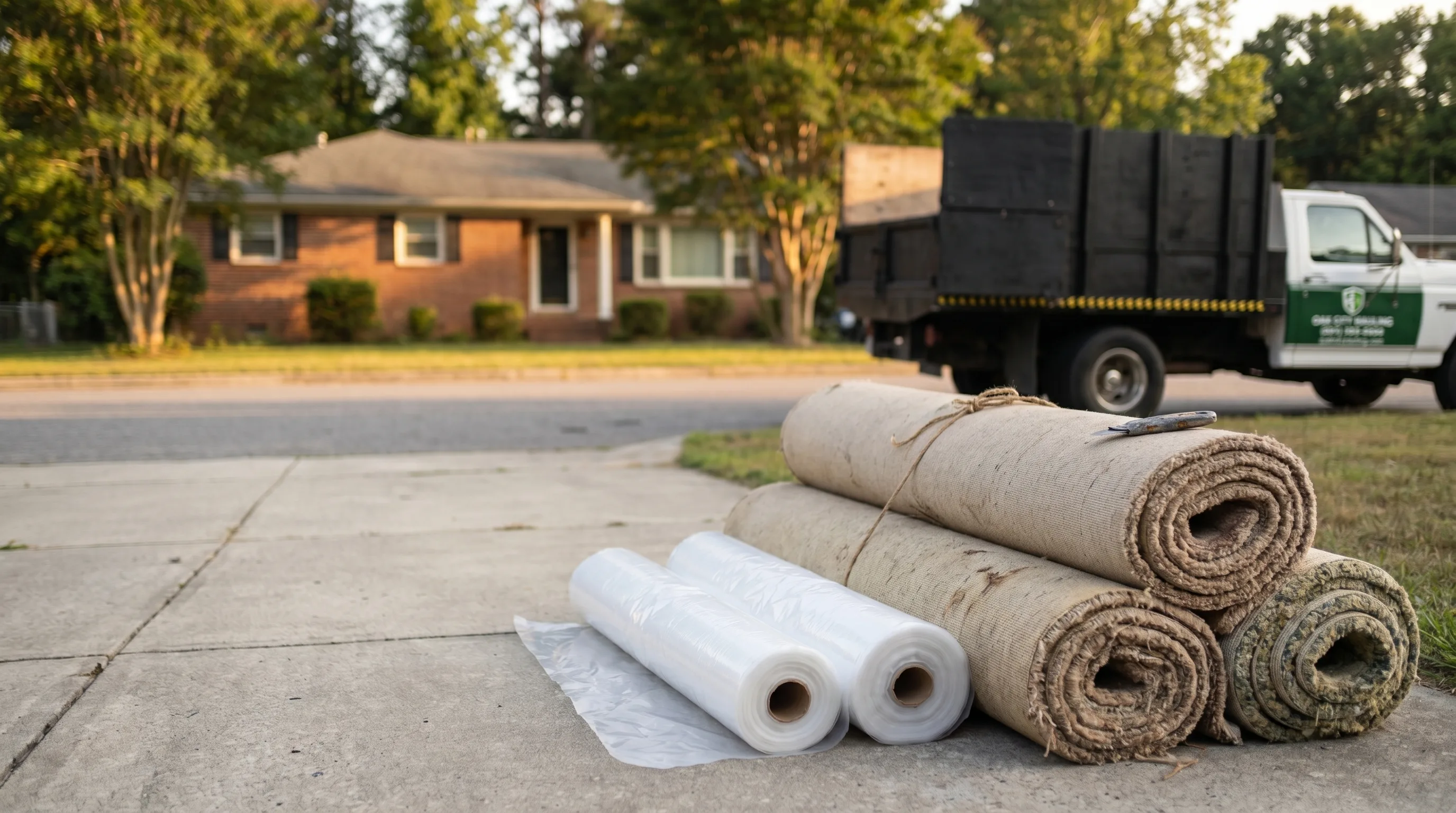 Rolled-up old carpet sections and pad stacked at a Raleigh driveway