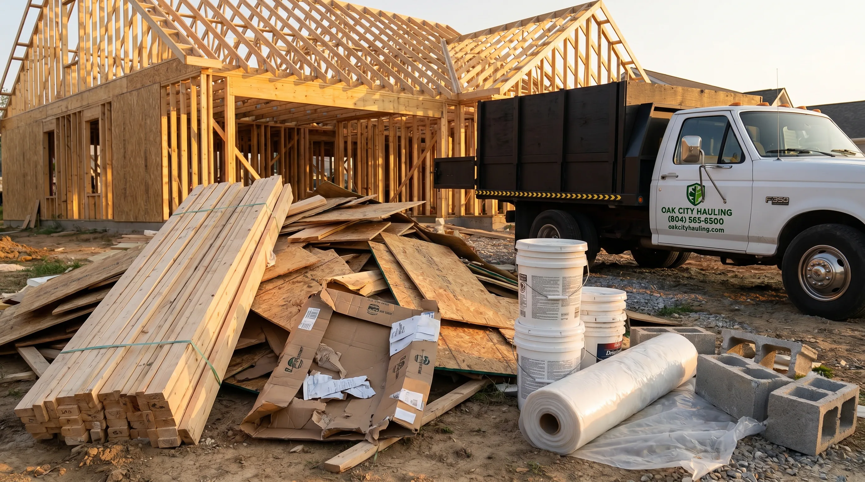 Large construction debris pile on a residential job site mid-build