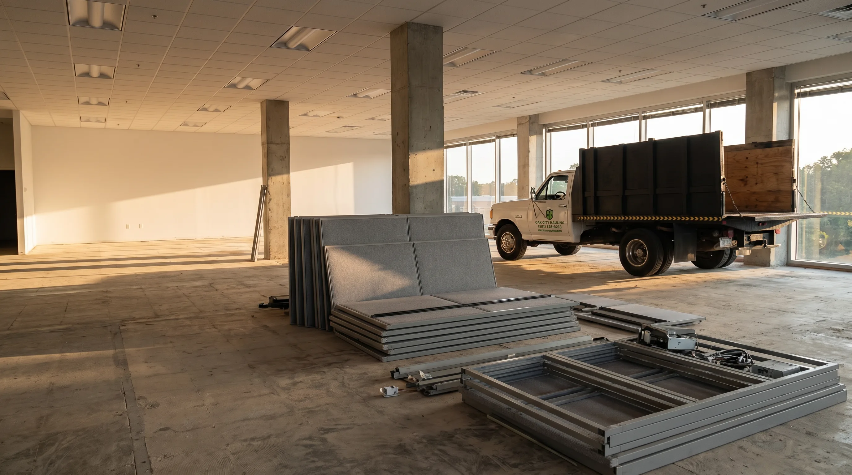 Open office floor with cubicle systems mid-disassembly