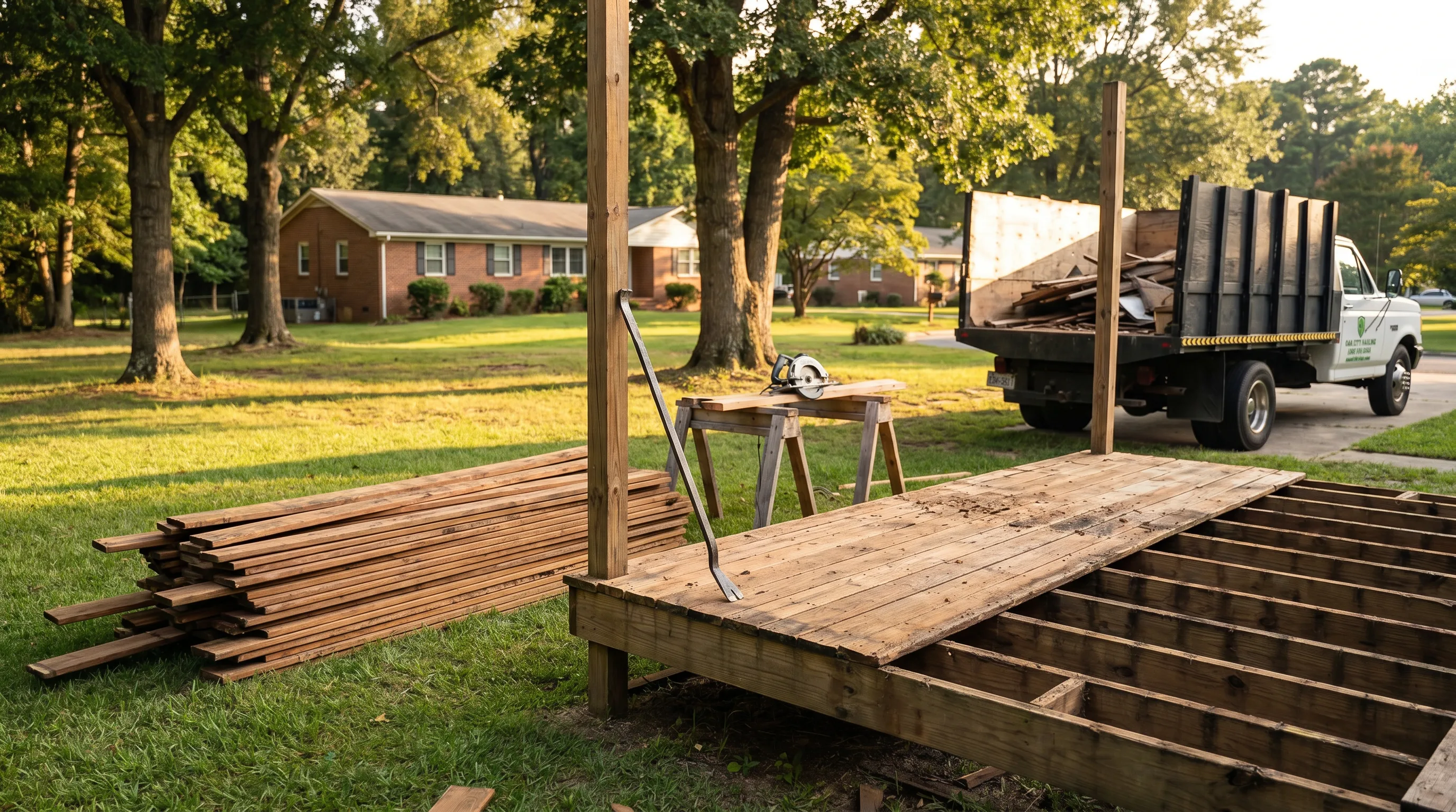 Backyard wooden deck mid-demolition with planks pulled and stacked nearby