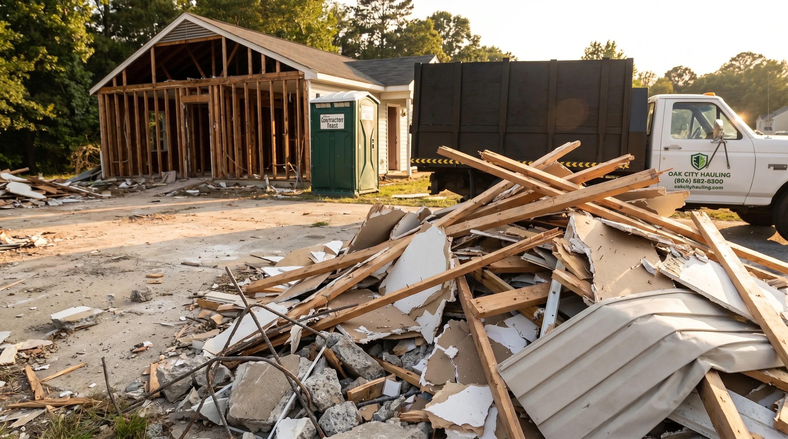 Post-demolition residential cleanup with framing, drywall, and concrete debris piled for removal