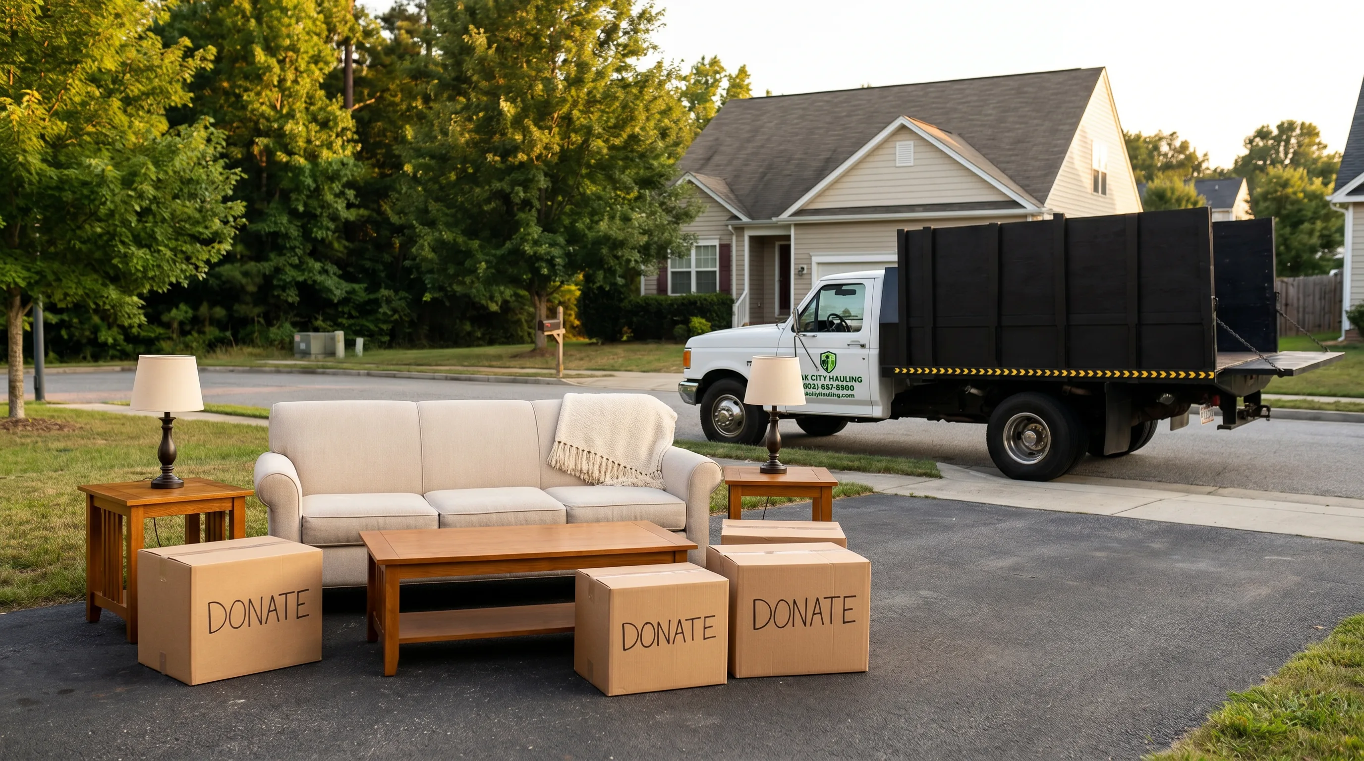 Donation-quality household items grouped at the curb for charity pickup