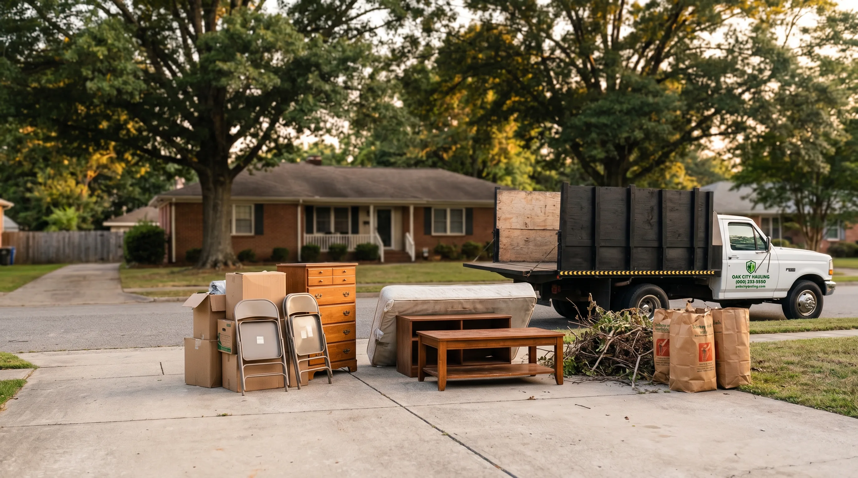 Driveway debris staged in three piles for haul-away — no dumpster rental needed