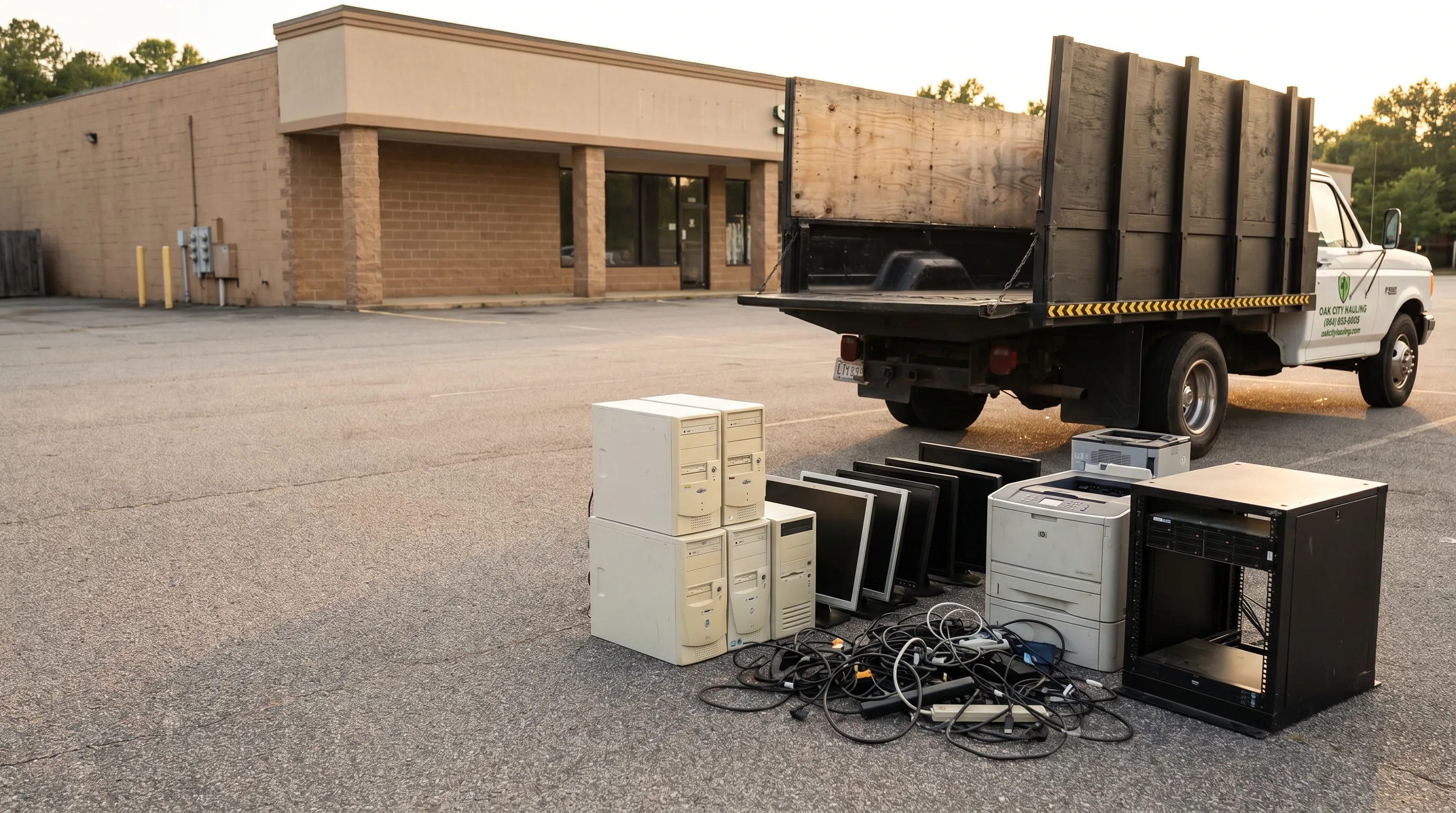 Commercial electronic waste — towers, monitors, printers — staged for compliant disposal