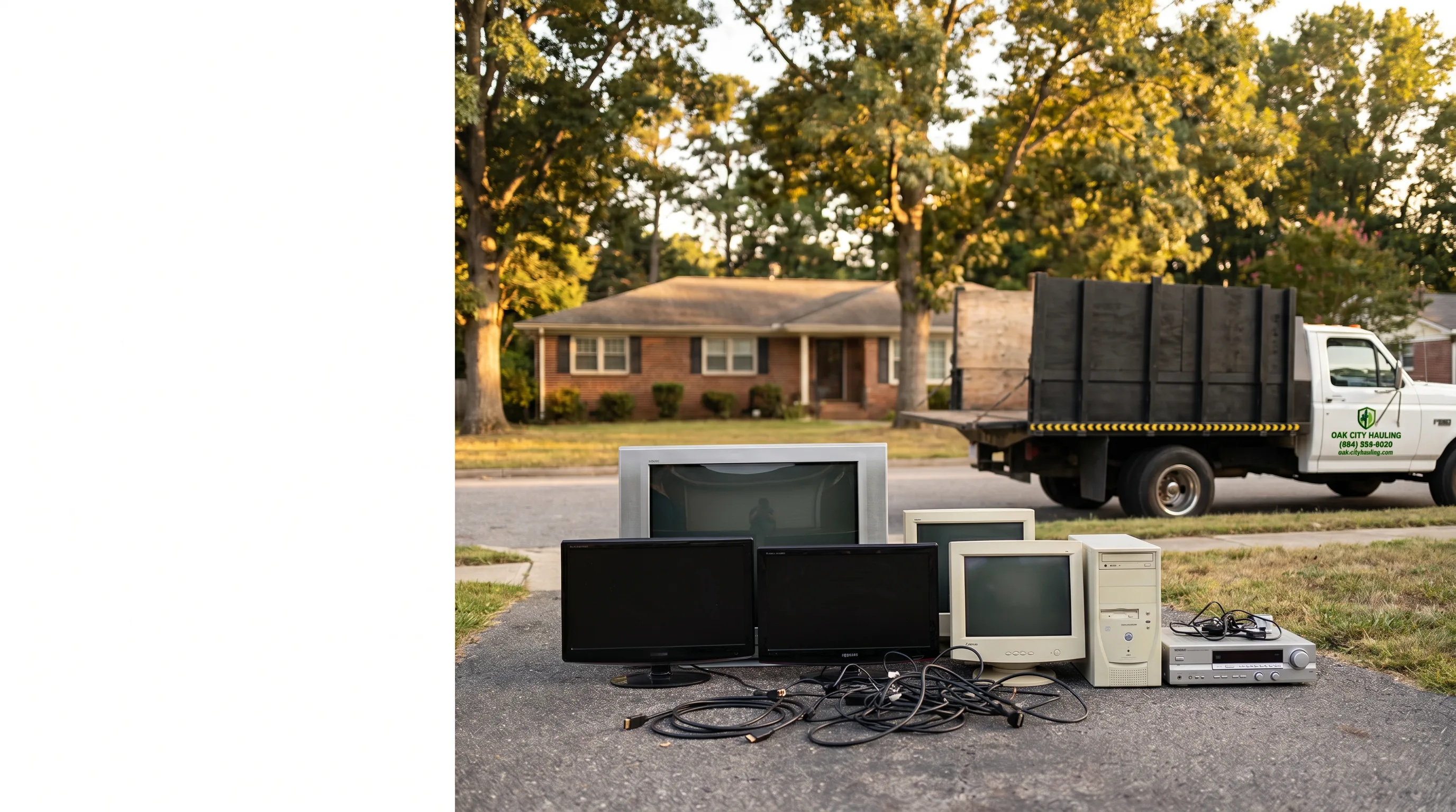 Old TVs, monitors, and consumer electronics staged for removal at a Raleigh driveway