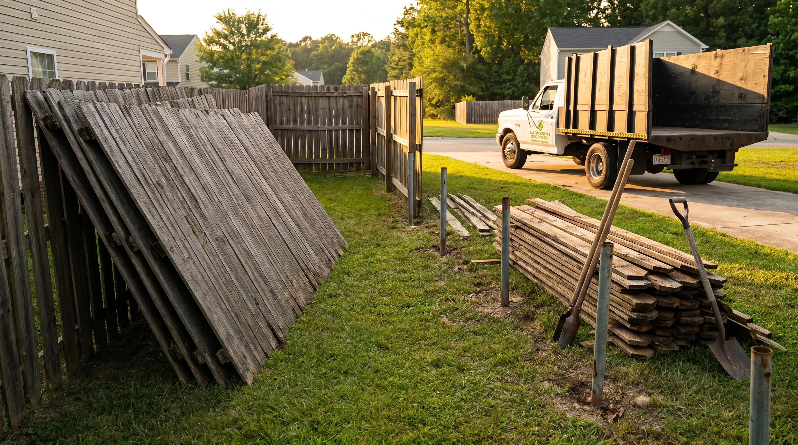 Old wooden privacy fence partially removed along a suburban property line