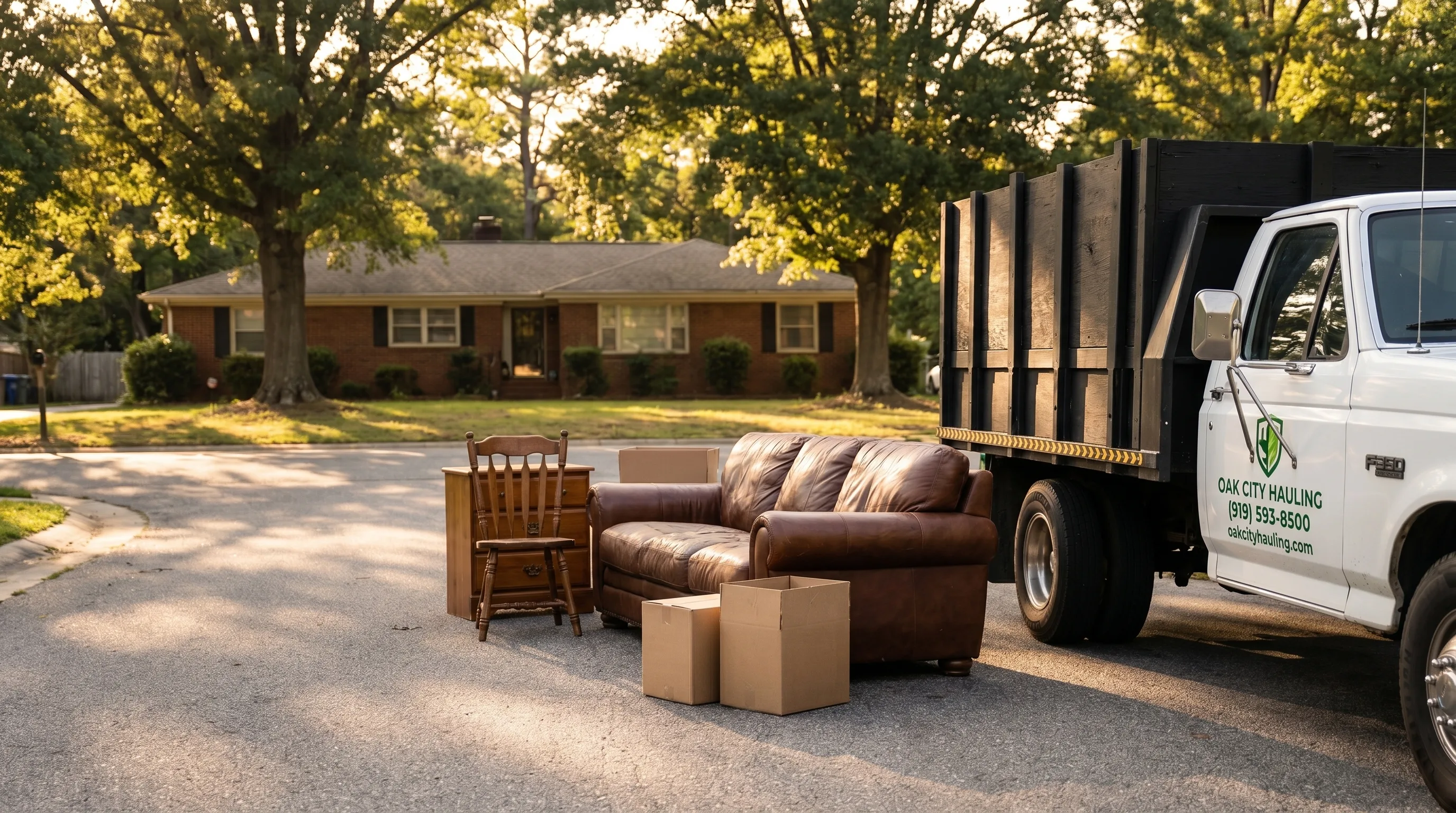 Old furniture grouped for pickup beside the Oak City Hauling truck at a Raleigh home