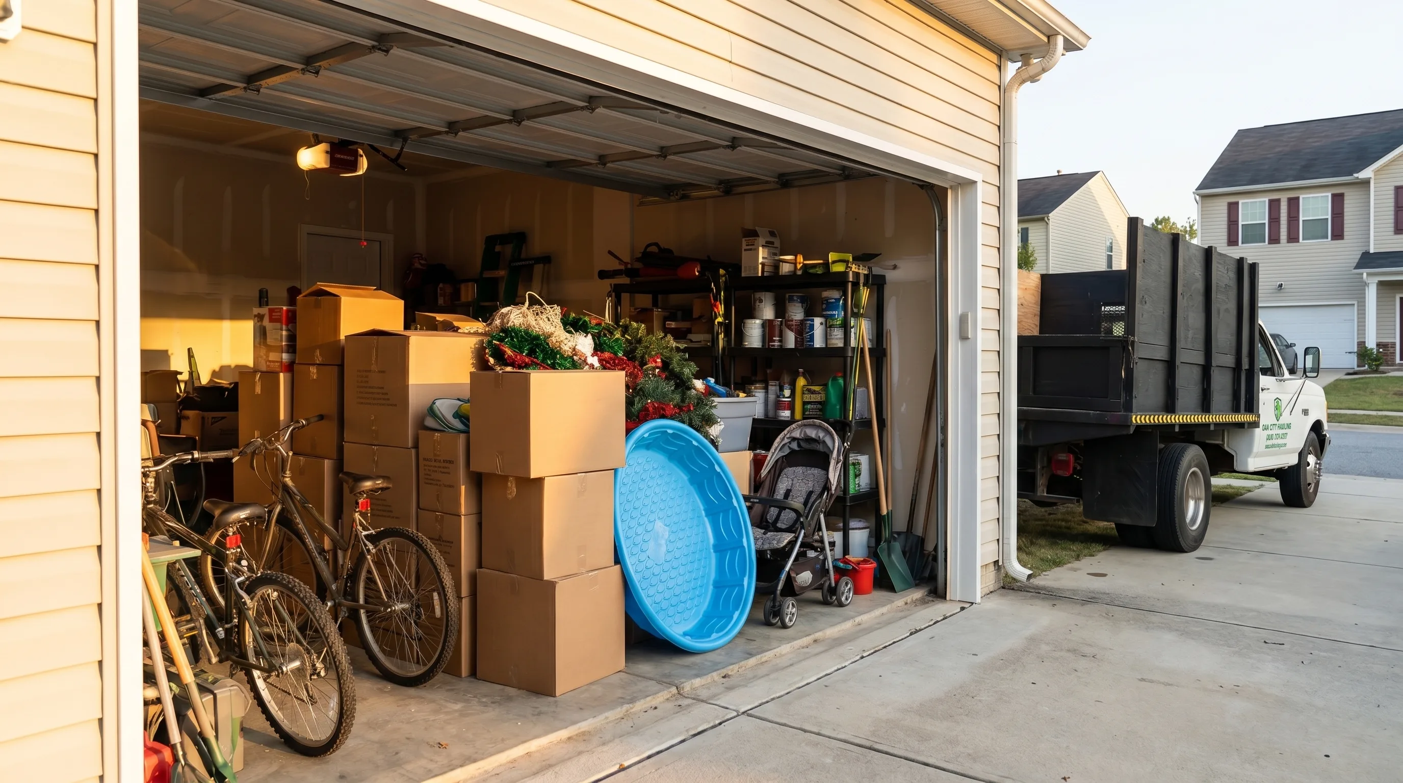Packed Raleigh garage being prepared for cleanout by Oak City Hauling