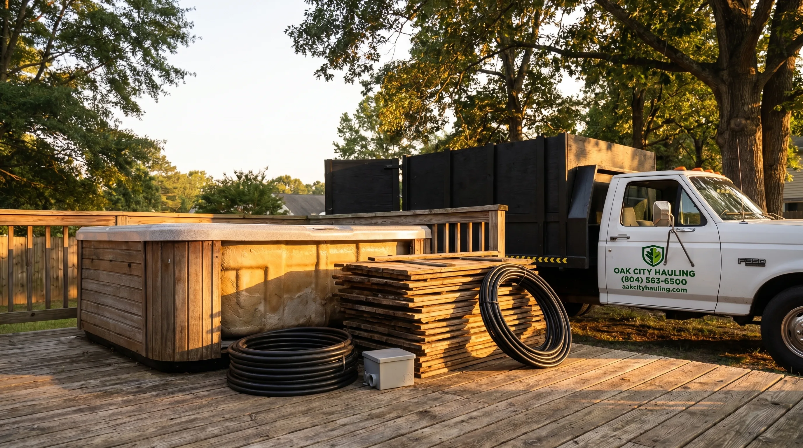 Hot tub being dismantled and prepared for removal in a Raleigh backyard