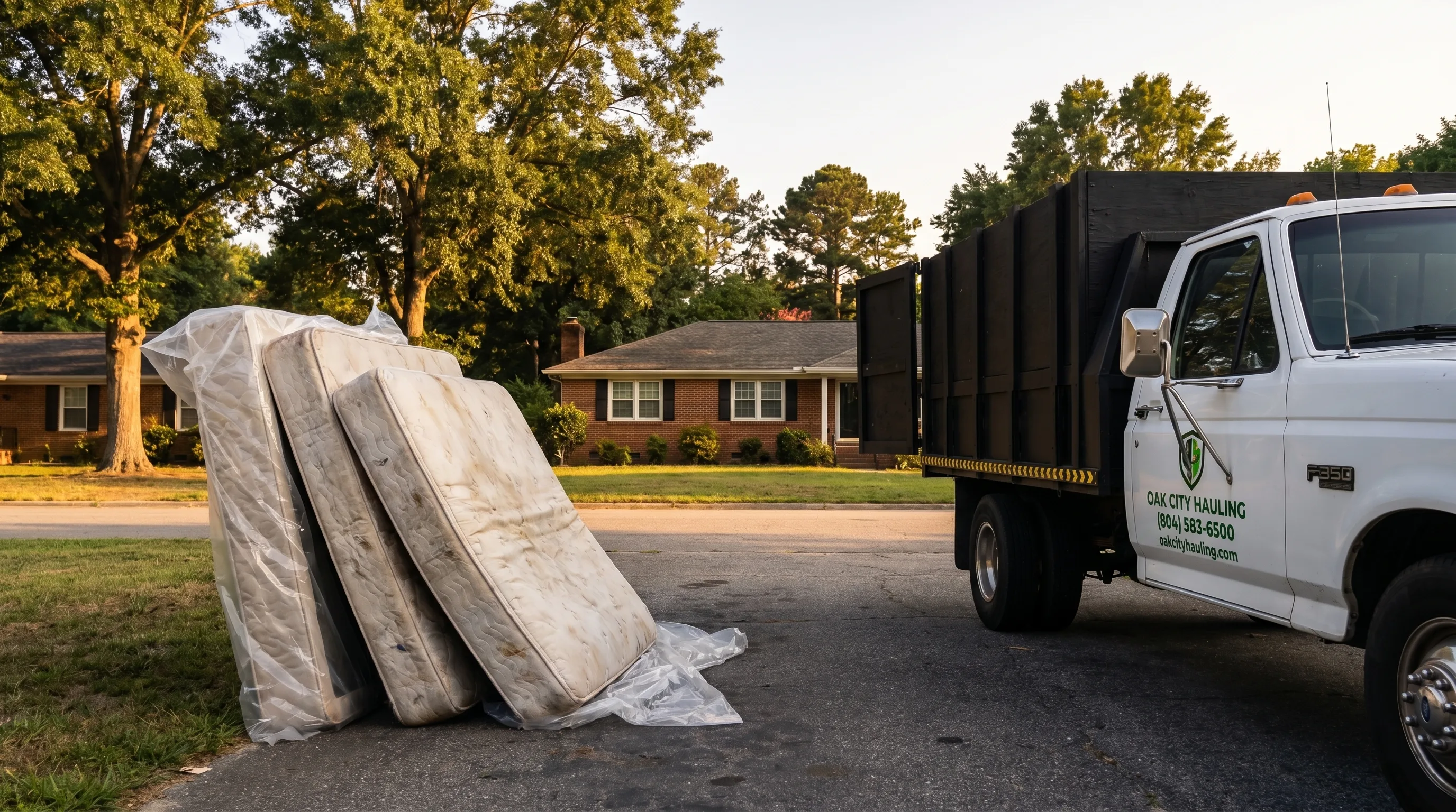 Old mattresses prepared for disposal beside the Oak City Hauling truck