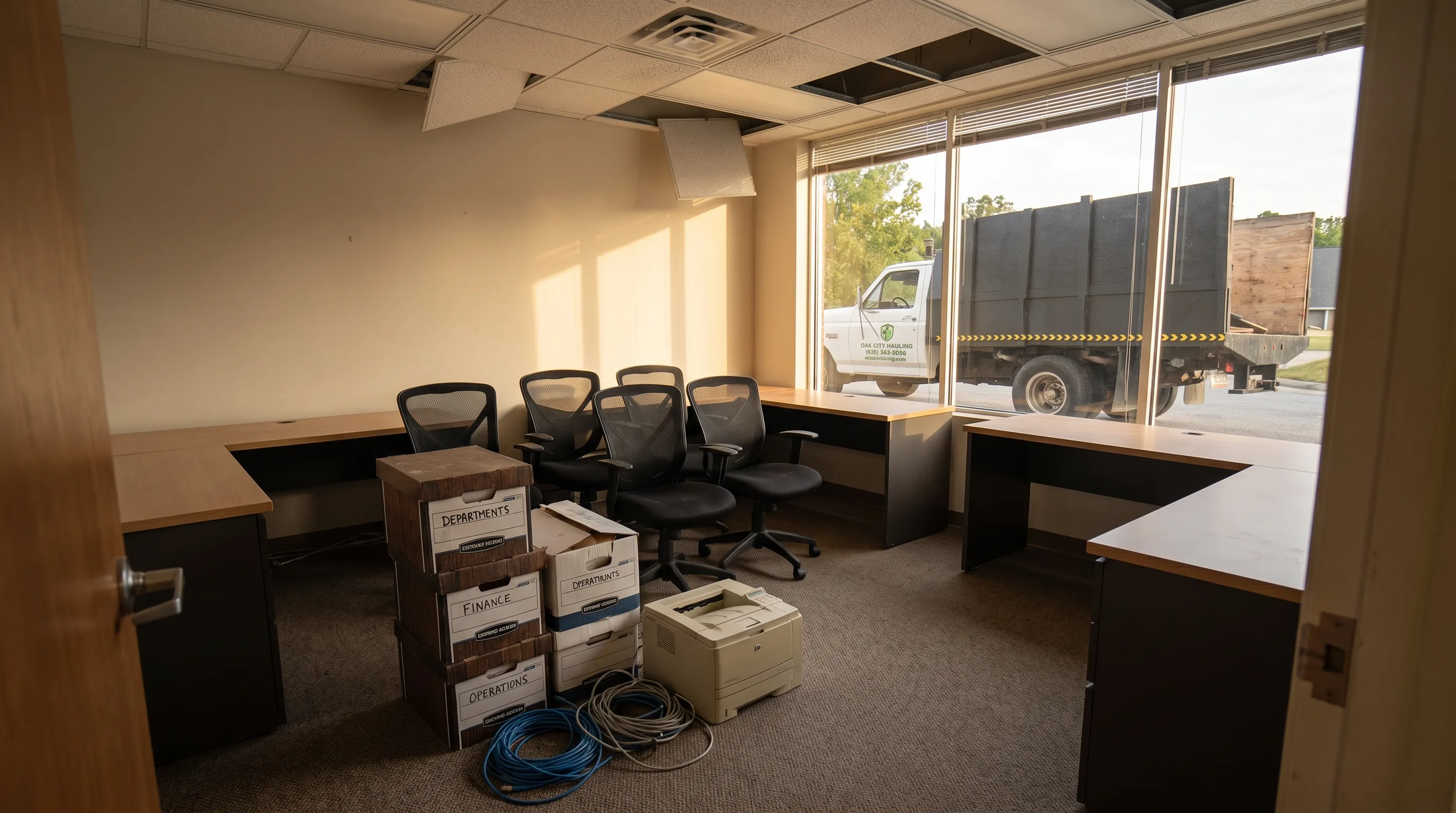 Small commercial office mid-cleanout with desks, chairs, and equipment grouped for removal