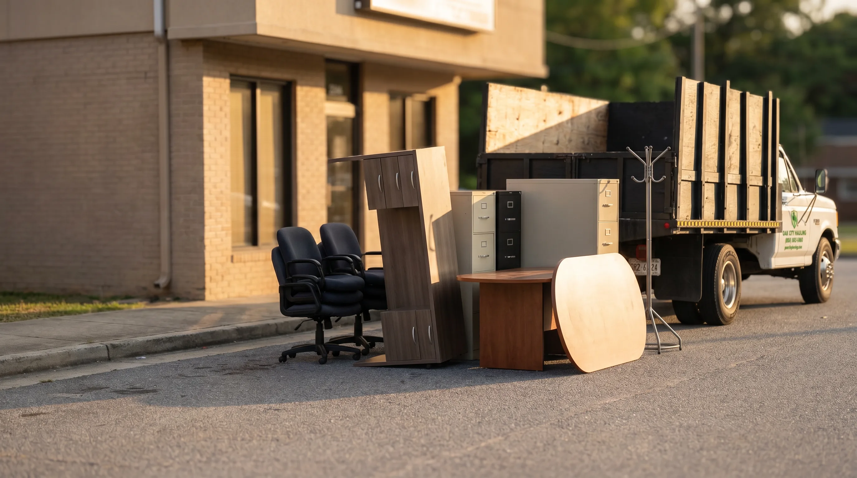Office furniture stacked curbside outside a commercial building for haul-away