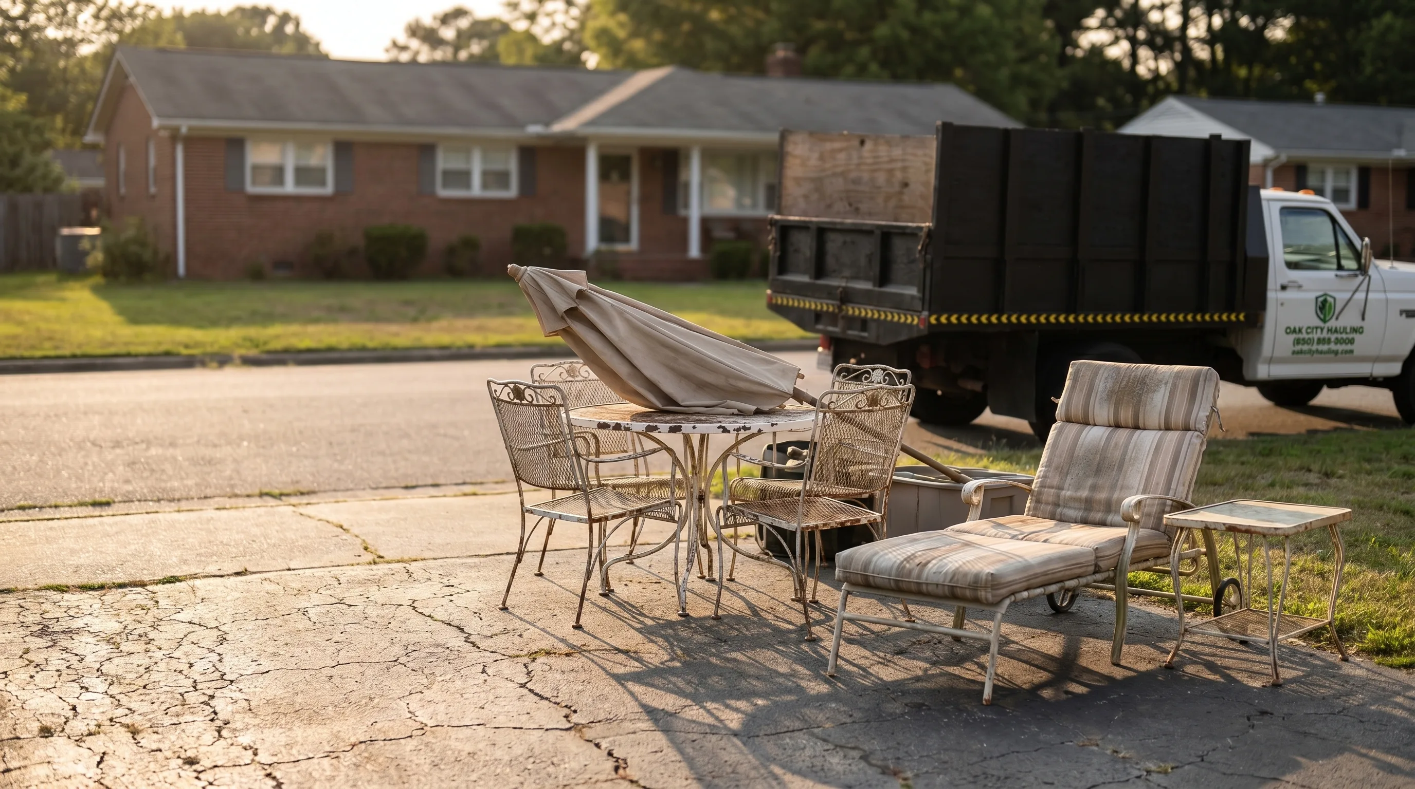 Old patio and outdoor furniture grouped for removal at a Raleigh driveway