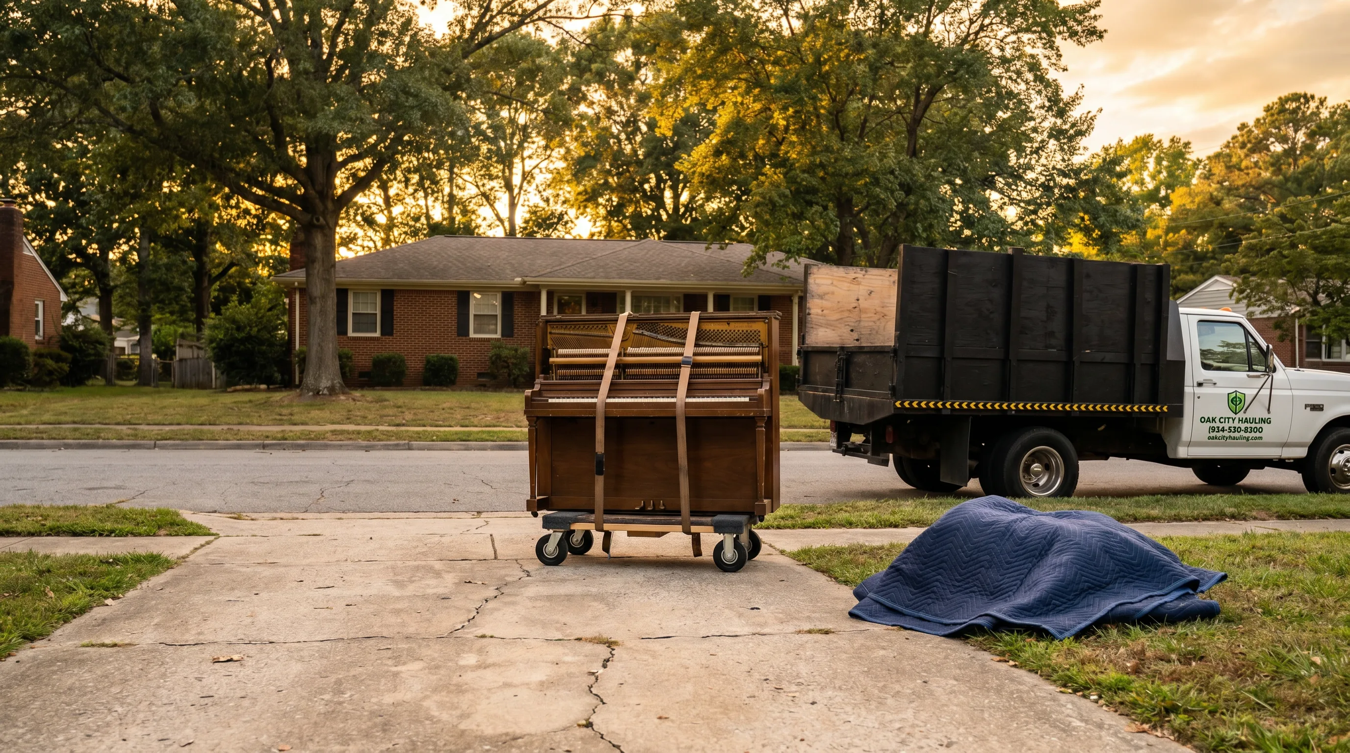 Upright piano on a moving dolly ready for haul-away by Oak City Hauling