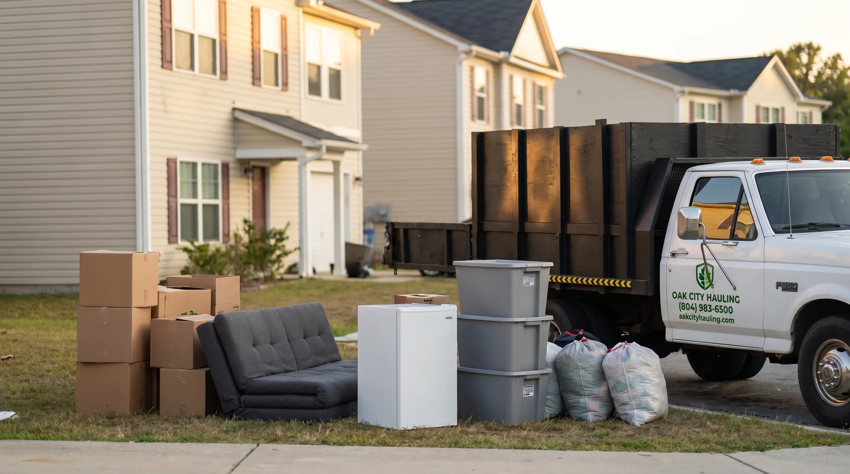 Multi-unit property turn cleanout with items grouped on the lawn for removal