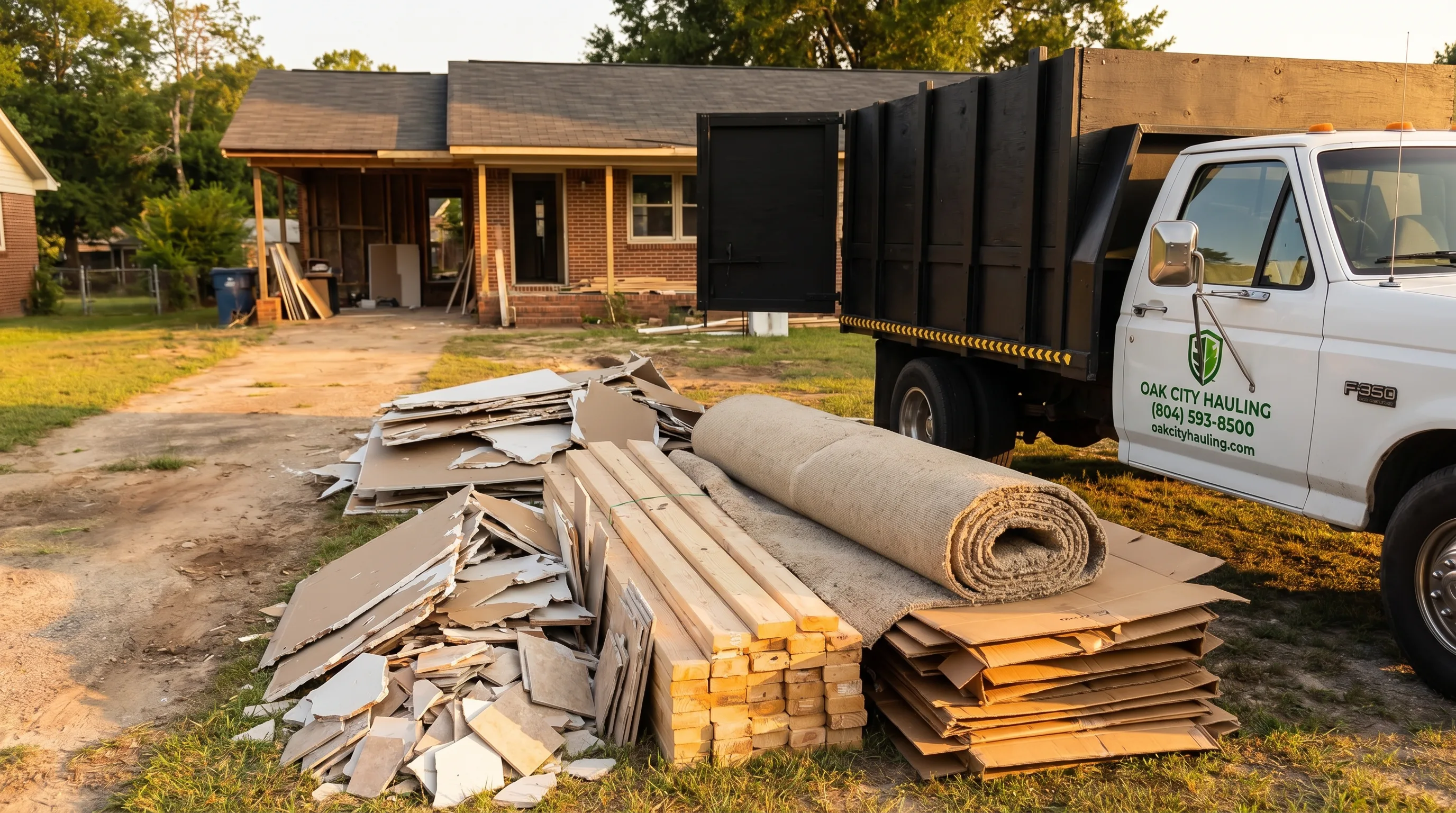 Construction and renovation debris piled for removal beside the Oak City Hauling truck
