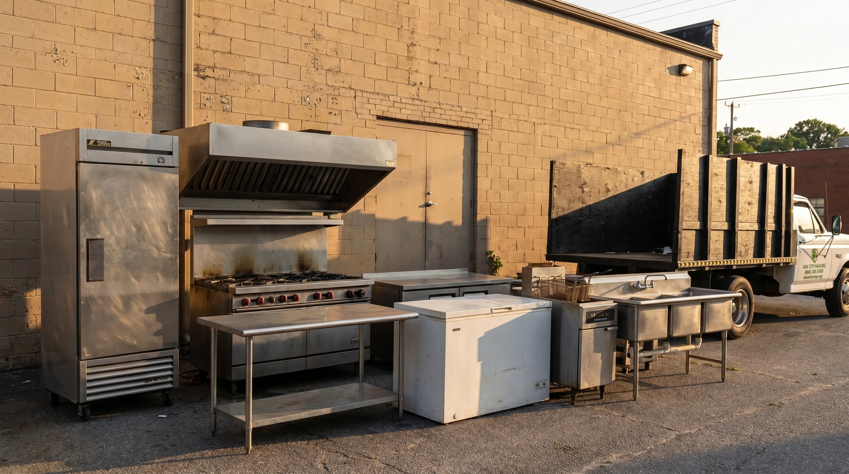 Commercial kitchen equipment grouped on a paved alley behind a restaurant for removal