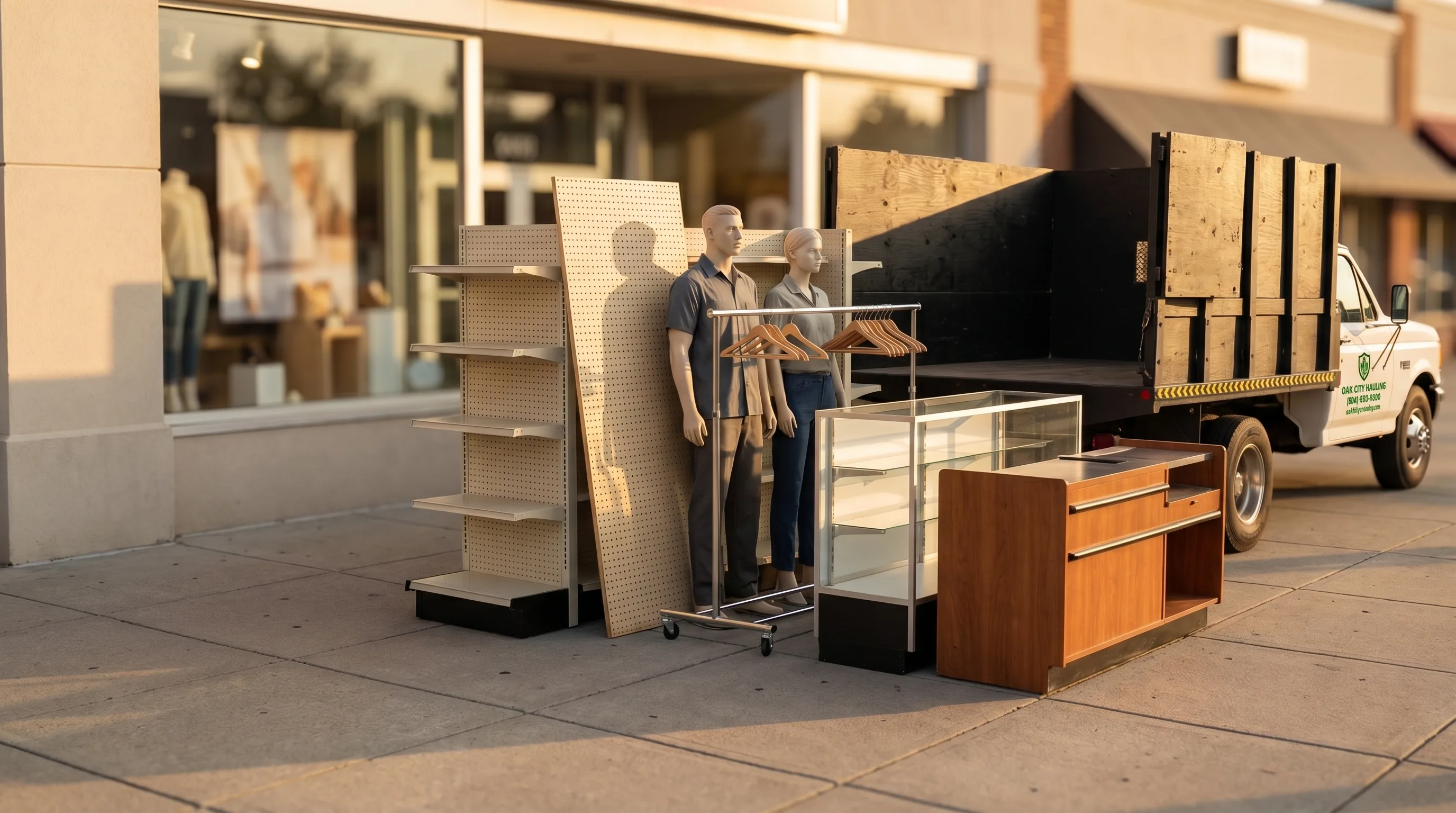 Retail store fixtures pulled to the sidewalk for haul-away