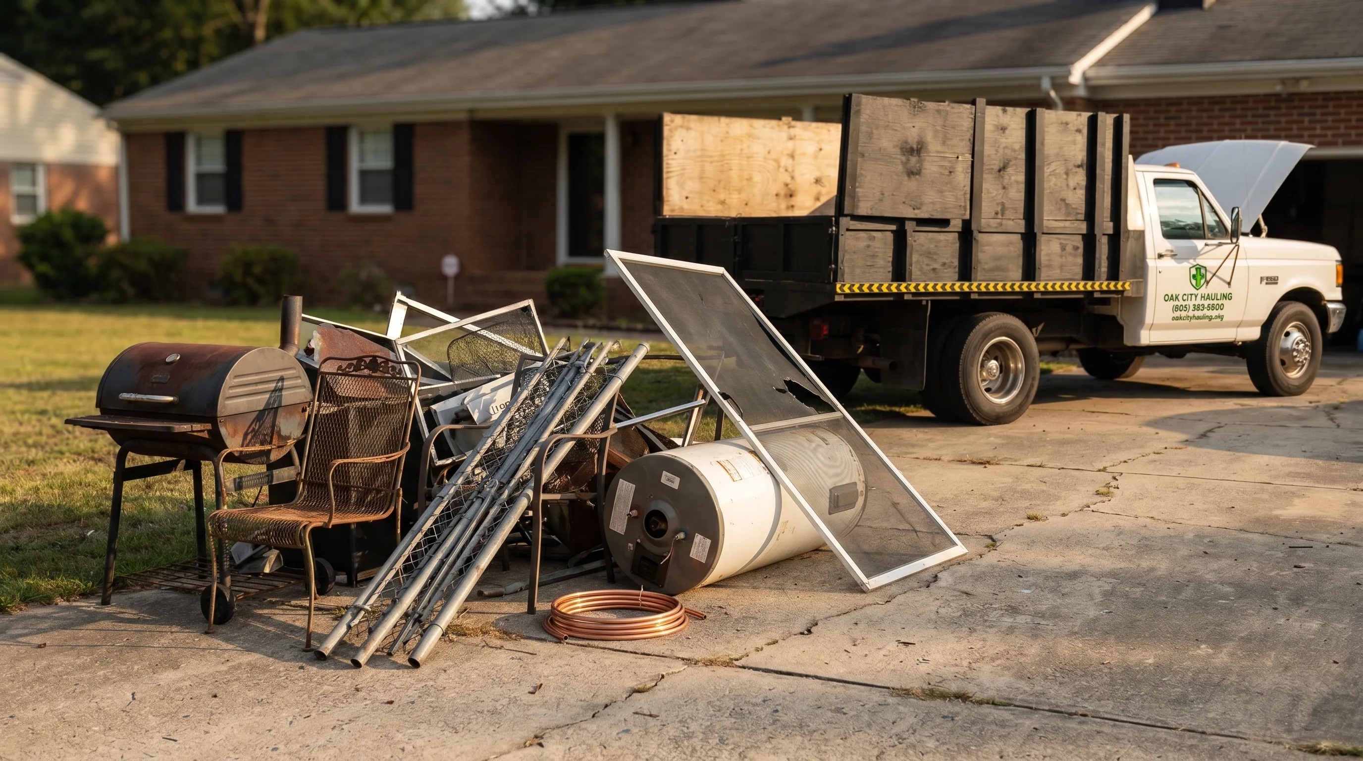 Mixed household scrap metal piled at the end of a suburban driveway ready for recycling