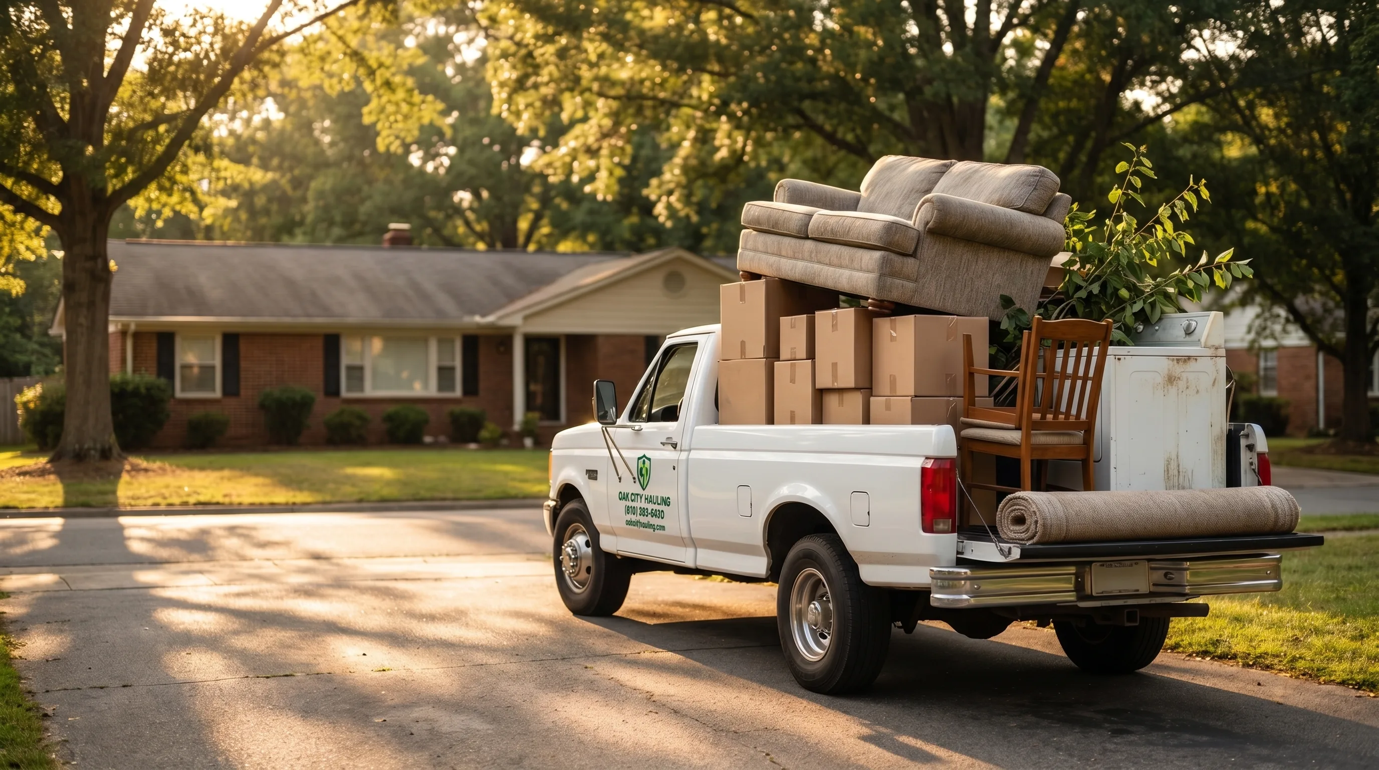 Oak City Hauling truck loaded with a variety of household and outdoor items — furniture, boxes, branches, appliances — showing the full range of junk removal services