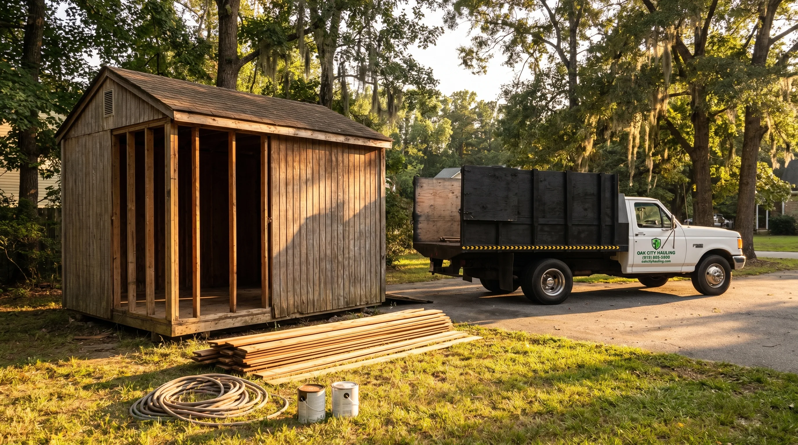 Backyard storage shed being demolished and removed by Oak City Hauling