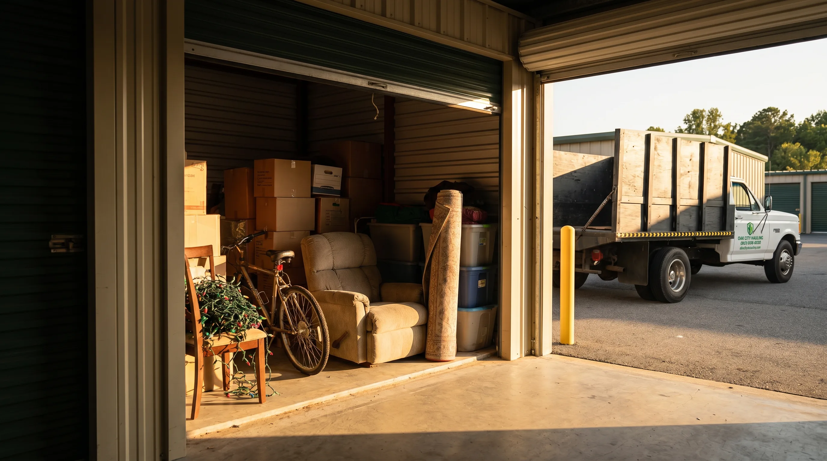 Open self-storage unit packed with household items, ready for haul-away