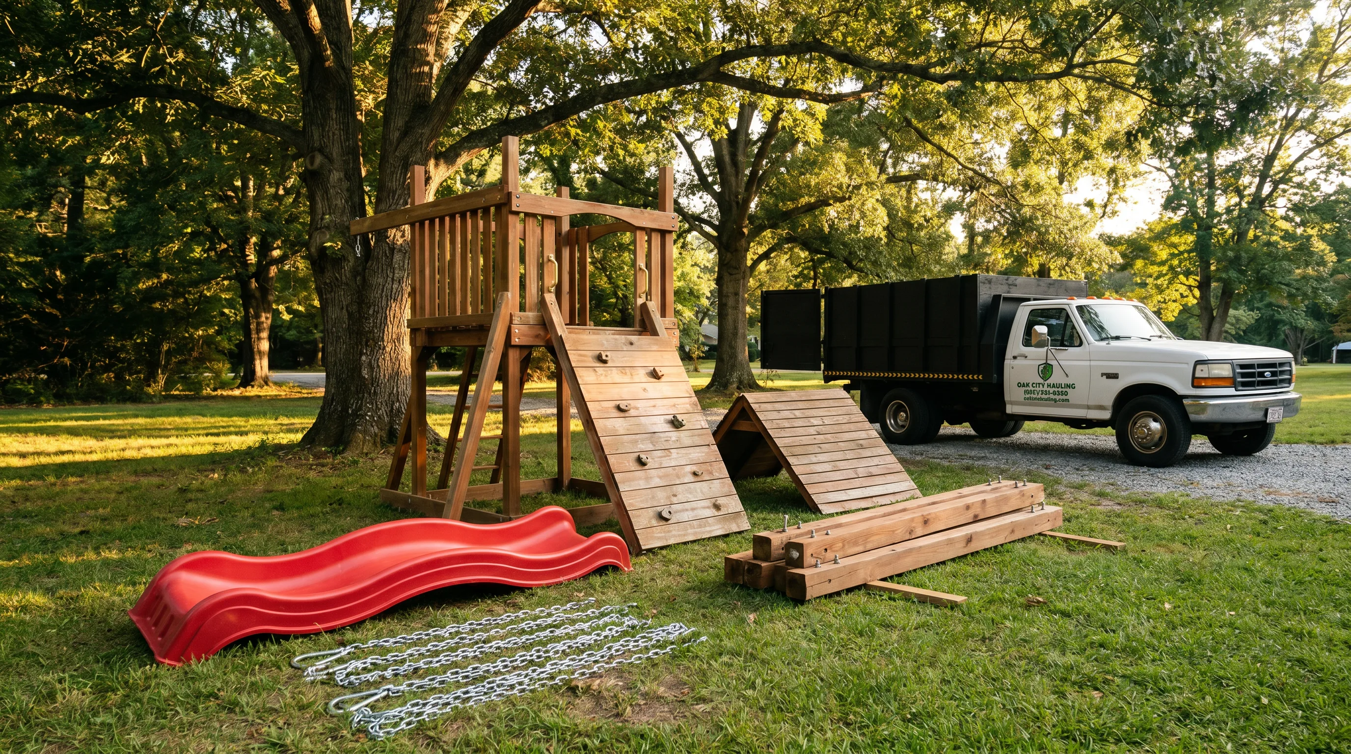 Partially disassembled wooden backyard play set ready for haul-away