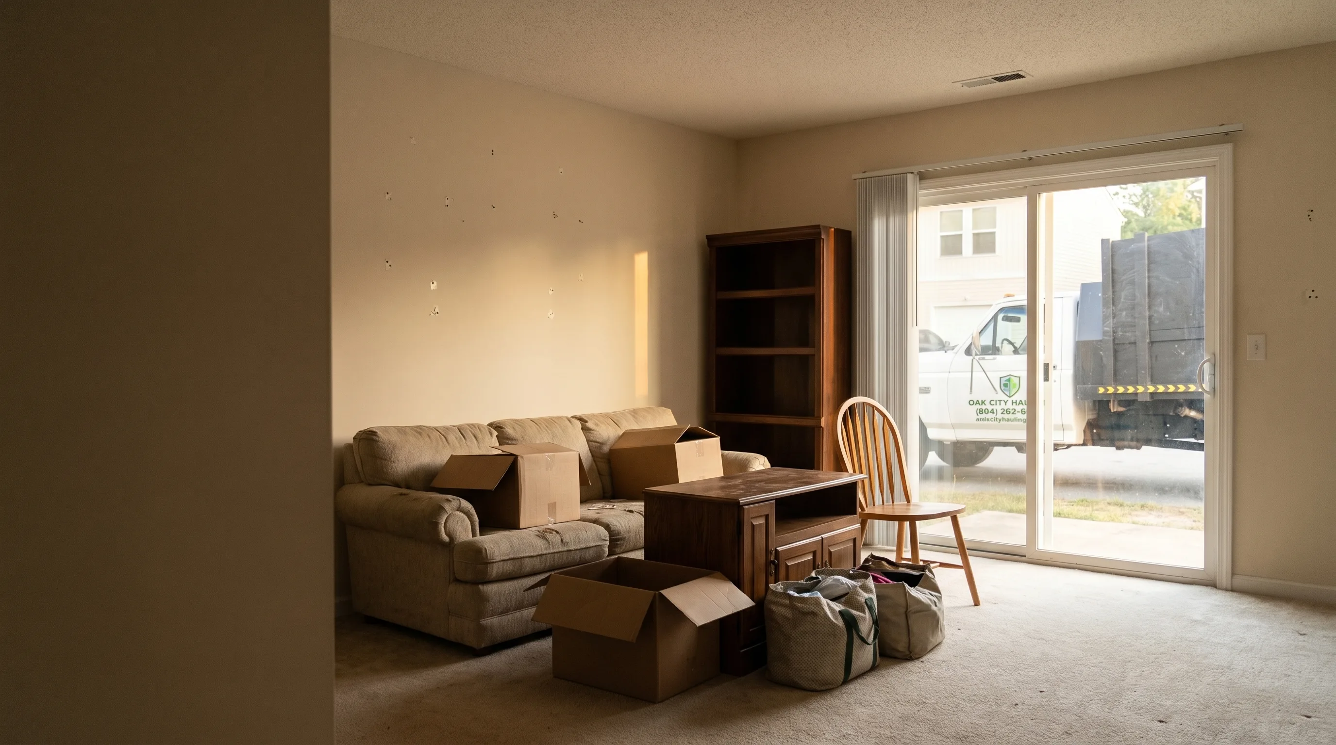 Vacant rental unit interior with belongings left behind by a departing tenant