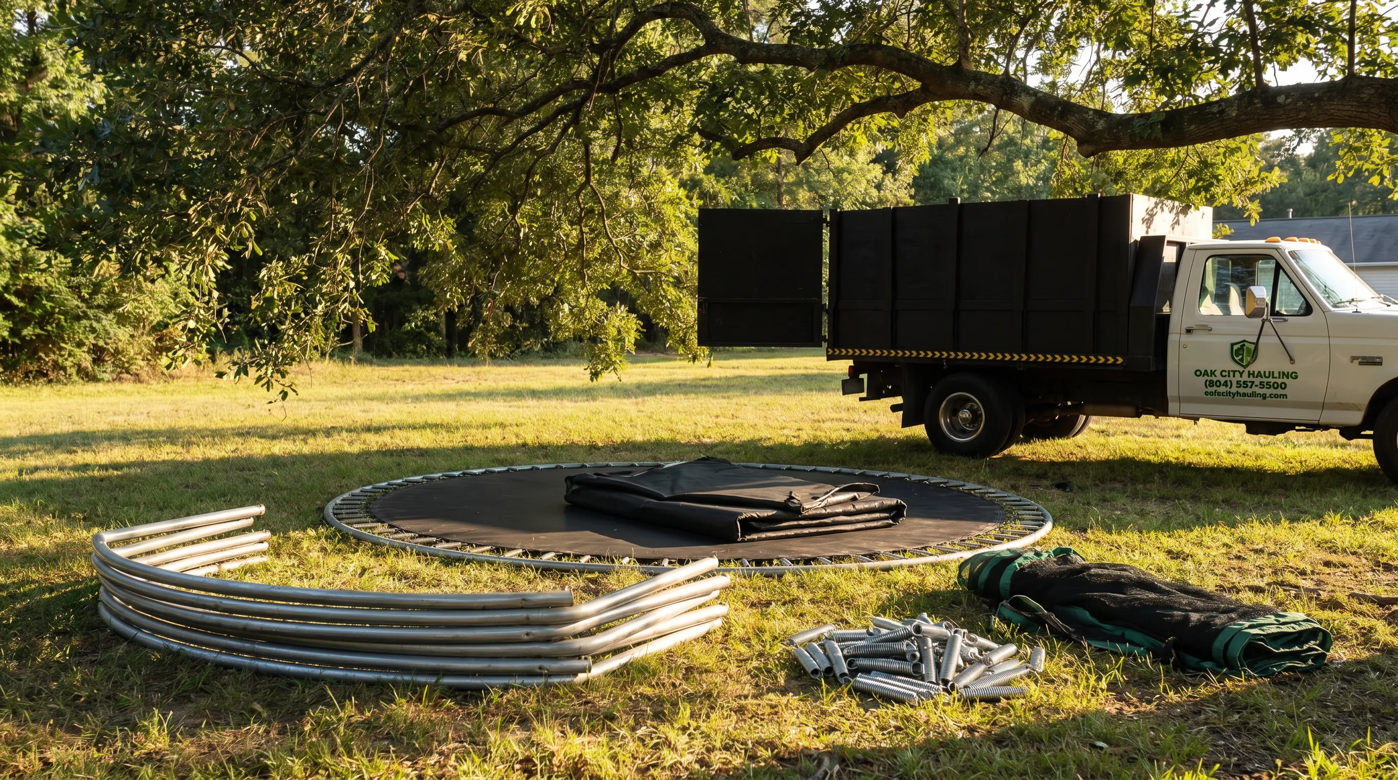 Partially disassembled backyard trampoline frame stacked on the lawn