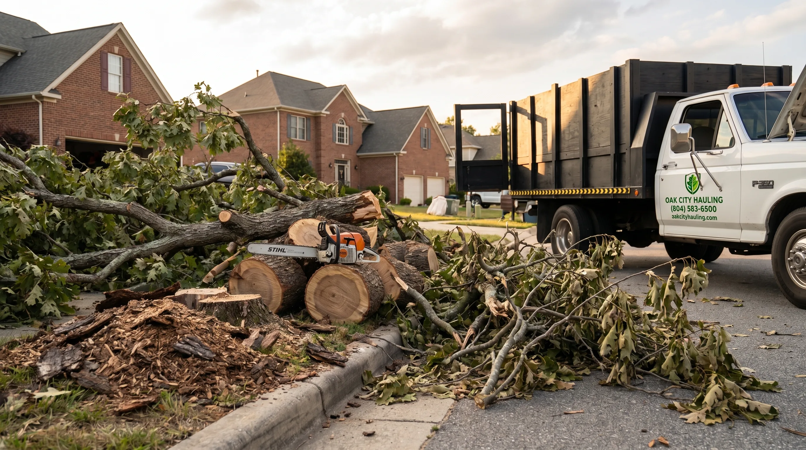 Storm-damaged tree debris piled at a Raleigh curb for haul-away