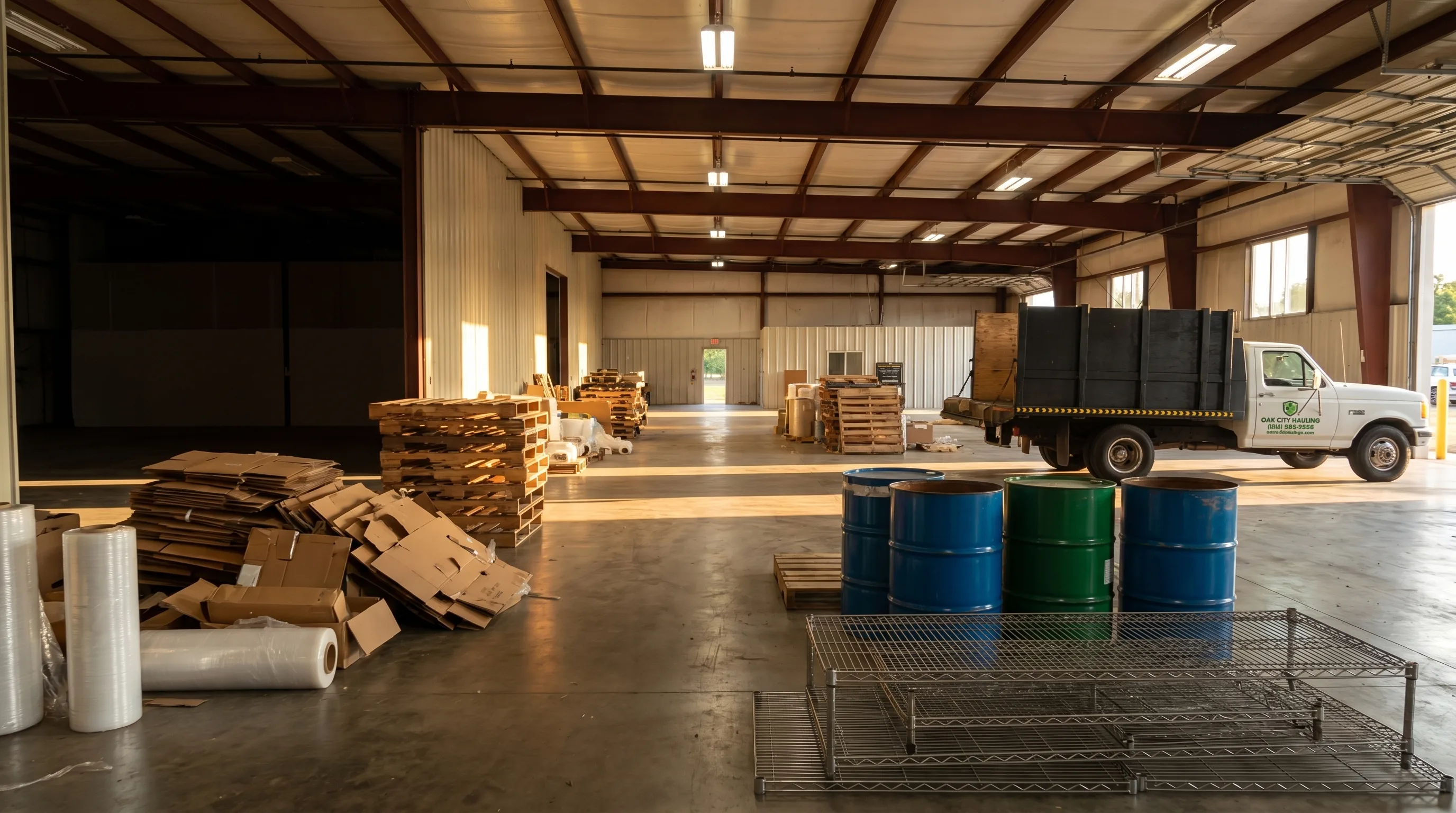 Large industrial warehouse mid-cleanout with pallets, boxes, and abandoned shelving