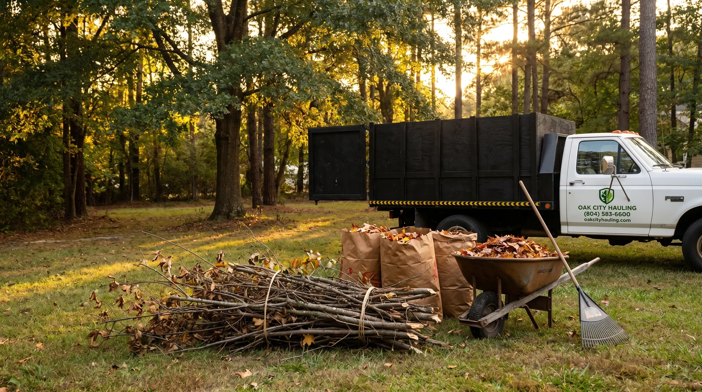 Yard waste bagged and ready for haul-away beside the Oak City Hauling truck